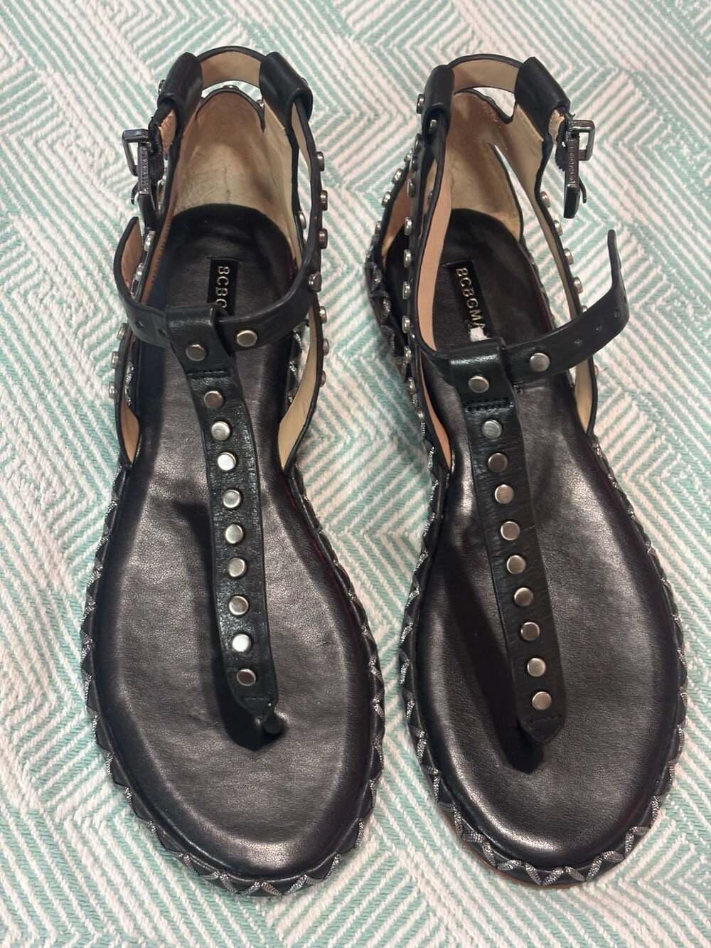 BCBGMAXAZRIA Macall Studded Black Vachetta Leather Sandals Size 6.5M